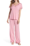 Natori Zen Floral Lace-trim Short Sleeve Pajama Set In Hibicus Pink