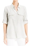 Max Studio Stripe Roll Tab Button-up Utility Shirt In Taupe Tri-tipstripe