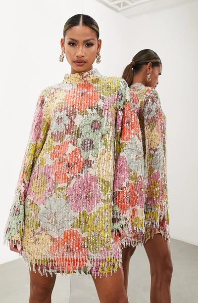Asos Design Floral Sequin & Bead Long Sleeve Shift Dress In White Multi |  ModeSens