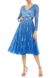 Mac Duggal Sequin Stripe Long Sleeve A-line Dress In Denim Blue