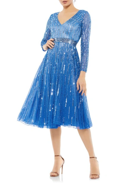 Mac Duggal Sequin Stripe Long Sleeve A-line Dress In Denim Blue