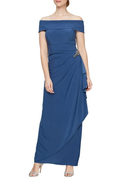 Alex Evenings Off The Shoulder Embellished Column Gown In Wedgewood