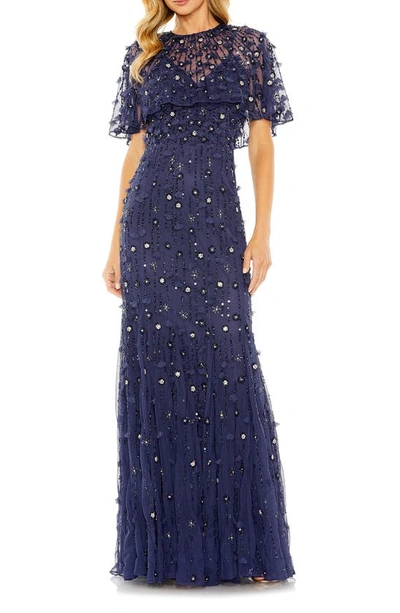 Mac Duggal Beaded Floral Appliqué Tulle Capelet Gown In Midnight