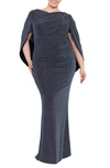 Betsy & Adam Metallic Drape Back Trumpet Gown In Black/ Silver