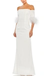 Mac Duggal Feather Trim Off The Shoulder Satin Trumpet Gown In White