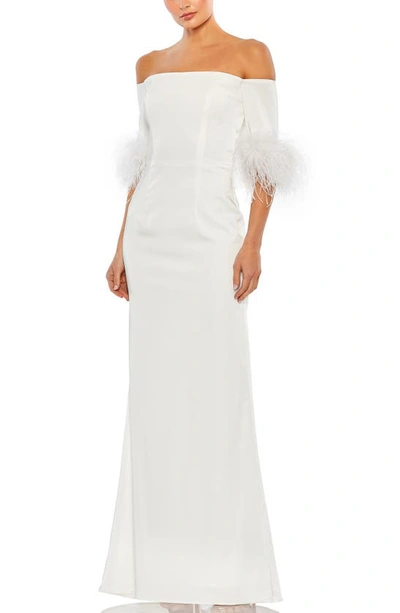 Mac Duggal Feather Trim Off The Shoulder Satin Trumpet Gown In White