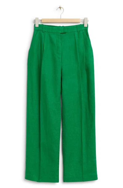 & Other Stories Pleated Relaxed Fit Cotton Trousers In Green