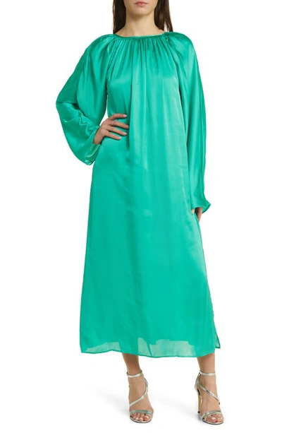 Asos Design Long Sleeve Washed Satin Shift Midi Dress In Medium Green