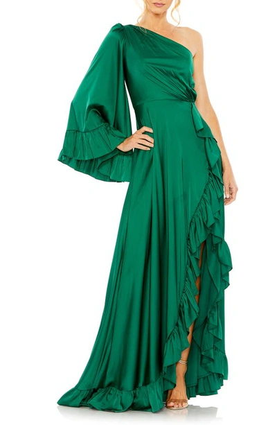 Ieena For Mac Duggal One-shoulder Satin A-line Gown In Emerald