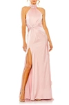 Ieena For Mac Duggal Side Ruched Satin Halter Gown In Shell Pink