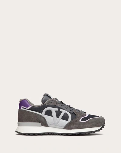 Valentino Garavani Vlogo Pace Low-top Trainer In Split Leather Fabric And Calfskin In Grey/blue