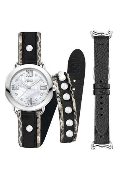 Fendi Selleria Stainless Steel Interchangeable Mother-of-pearl & Leather Strap Watch Set In Black