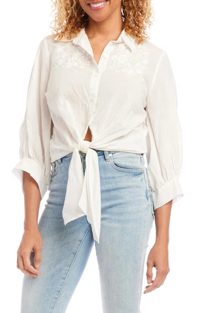 Karen Kane Embroidered Tie Front Cotton Lawn Shirt In Off White