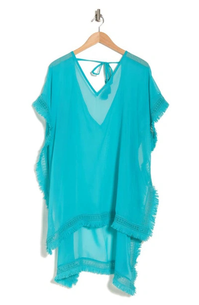 Melrose And Market Fringe Trim Cover-up Poncho In Teal Water