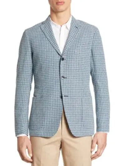 Saks Fifth Avenue Collection Slim-fit Hatch Stitch Plaid Sportcoat In Teal