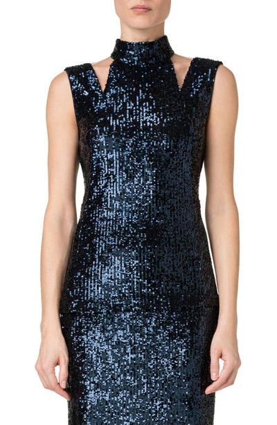 Akris Sequin-embellished Mock-neck Fitted Top In Navy
