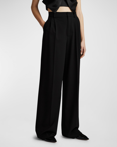 Zac Posen Pleated High-rise Wide-leg Pants In Black