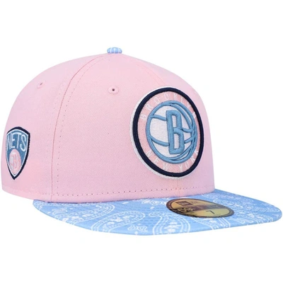 New Era Men's  Pink, Light Blue Brooklyn Nets Paisley Visor 59fifty Fitted Hat In Pink,light Blue