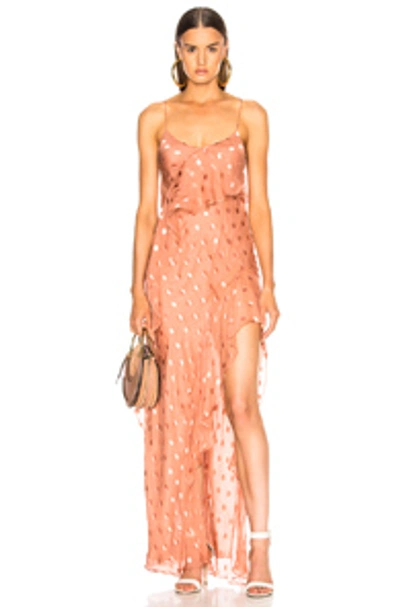 Michelle Mason Strappy Ruffle Gown In Polka Dots,pink