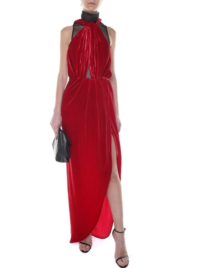 Vatanika Design Backless Silk-velvet Long Dress In Red