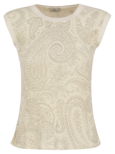 Etro Feminine And Elegant Paisley Print Round-neck Silk Blend Top In White