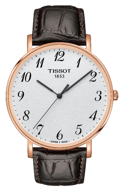 Tissot Everytime Leather Strap Watch, 42mm In Brown/ White/ Rose Gold