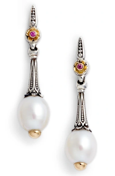 Konstantino Pearl & Pink Sapphire Drop Earrings In Silver/ Gold/ White/ Pink