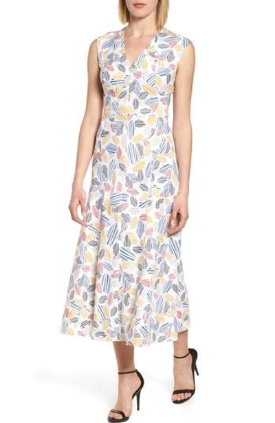 Anne Klein Leaf Print Fit And Flare Dress In Parchment/ Oyster Shell Combo