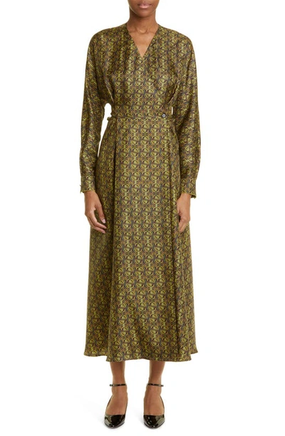 Max Mara Corone Geo Logo Print Long Sleeve Silk Wrap Dress In Olive Green