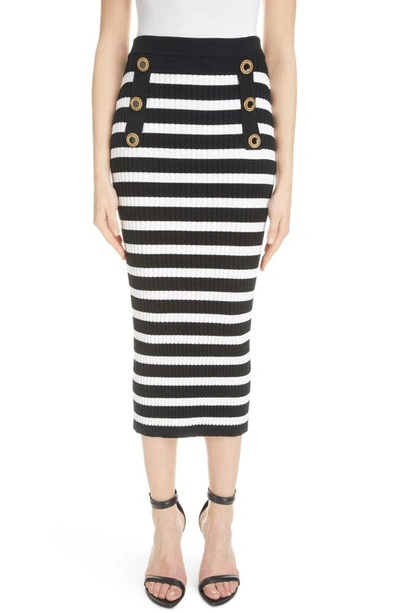 Balmain Stripe Button Detail Cotton Knit Skirt In Black  