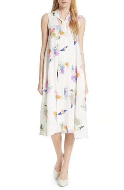 Tibi Camellia Print Silk A-line Dress In Ivory Multi