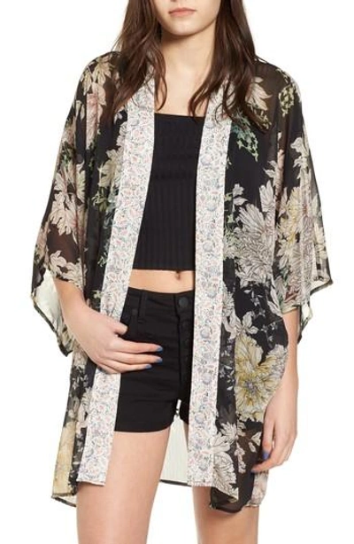 Band Of Gypsies Floral Print Kimono In Black Gold Pink