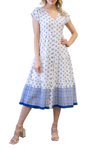 Blu Pepper Geo Print Button-up Midi Dress In Blue