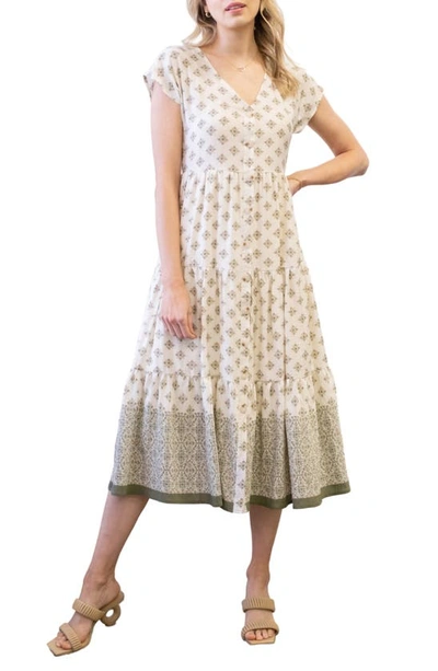 Blu Pepper Geo Print Button-up Midi Dress In Olive