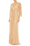 Mac Duggal Beaded Stripe Mesh A-line Gown In Taupe