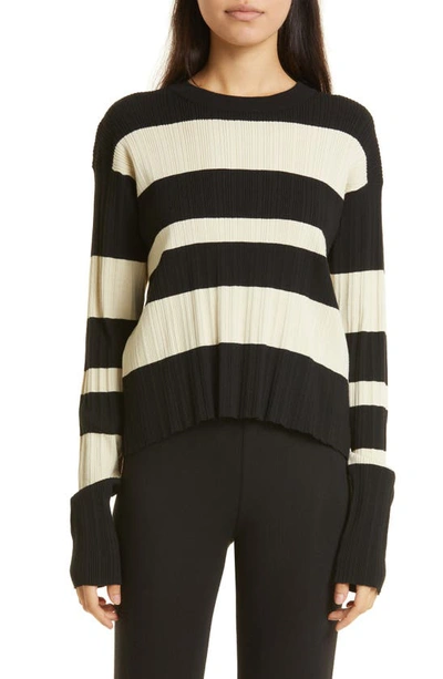 Atm Anthony Thomas Melillo Variegated Stripe Rib Sweater In Linen/ Black