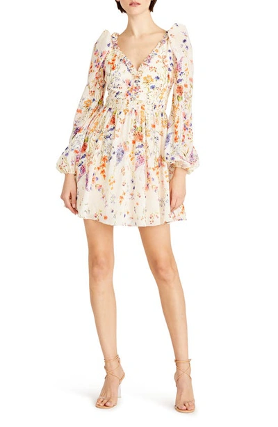 ml Monique Lhuillier Lila Floral Print Long Sleeve Chiffon Minidress In Wildflower Meadow