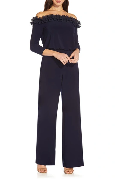 Adrianna Papell Ruffle Blouson Long Sleeve Jumpsuit In Navy