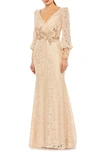 Mac Duggal Beaded Detail Lace Long Sleeve Gown In Champagne Blush