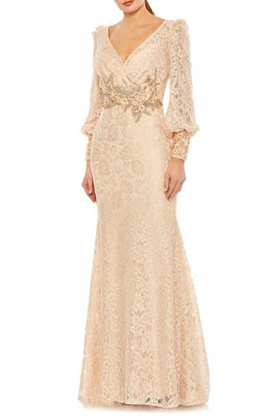 Mac Duggal Beaded Detail Lace Long Sleeve Gown In Champagne Blush