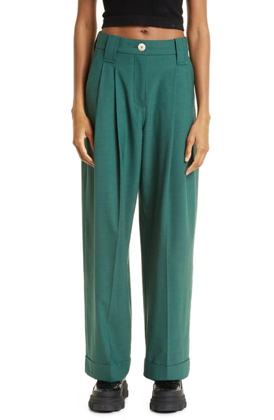 Ganni Pleat-detail Trousers In Trekking Green