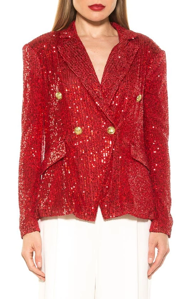 Alexia Admor Abbi Longline Double Breasted Sequin Blazer In Red