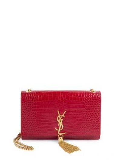 Saint Laurent Kate Monogram Croc-embossed Leather Tassel Chain Shoulder Bag In Red