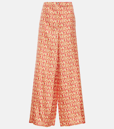 Versace Logo Wide-leg Silk Pants In Multicolor