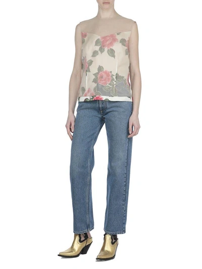 Maison Margiela Silk Top In Nude/white Printed Rose
