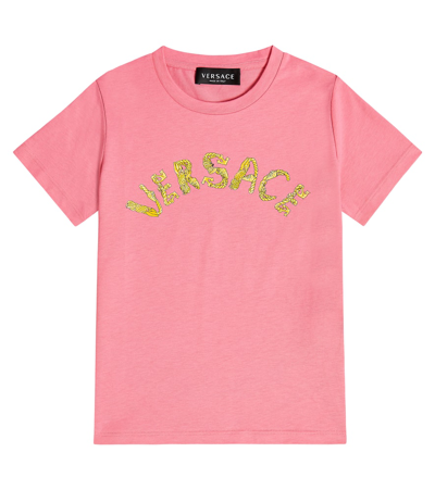 Versace Kids' Logo棉质平纹针织t恤 In Pink