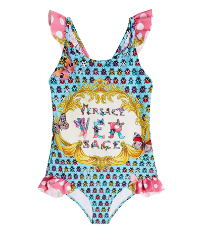 Versace Kids' 蝴蝶印花荷叶边连体泳衣 In Pink