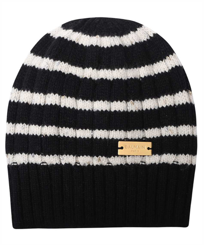 Balmain Striped Cashmere Beanie Hat In Black