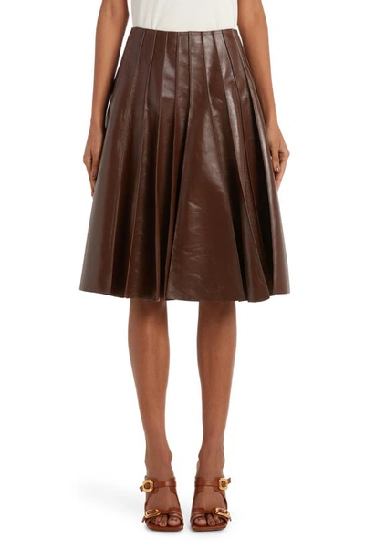Bottega Veneta Smooth Nappa Leather Plisse Midi Skirt In Brown