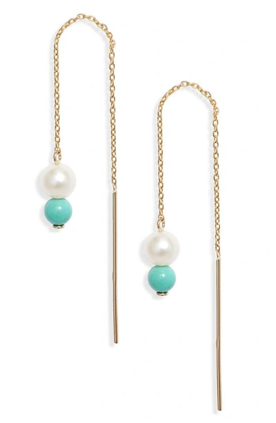 Poppy Finch Petite Cultured Pearl & Turquoise Threader Earrings In 14kyg